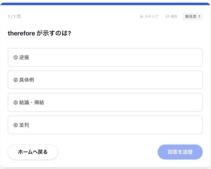 受講生が開いた演習画面。設問と4つの選択肢、回答を送信するボタンが並んでいる